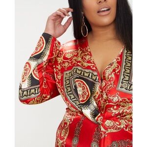 PrettyLittleThing Red Satin Wrap Dress Asian Oriental Print 16 party cocktail
